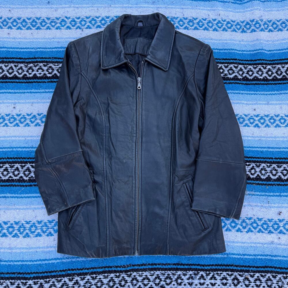 Women's Vintage Y2k Black Soft Leather Zip Up Parka Jacket City Coat Sz Medium